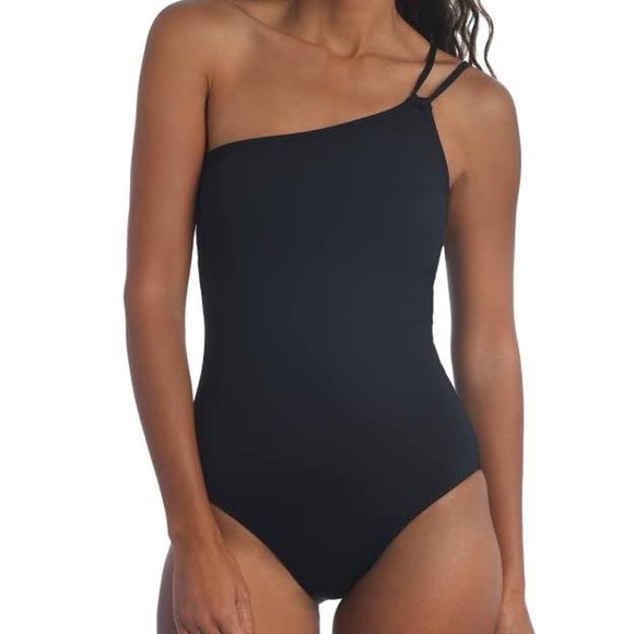 New La Blanca Island Goddess Lace Up Back One Shoulder One Piece Swimsuit Black - Picture 2 of 10